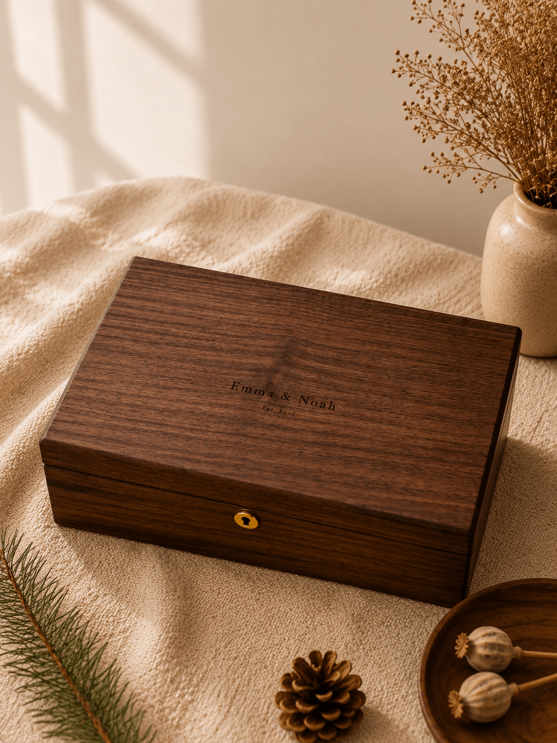 Personalized walnut keepsake box for wedding memories