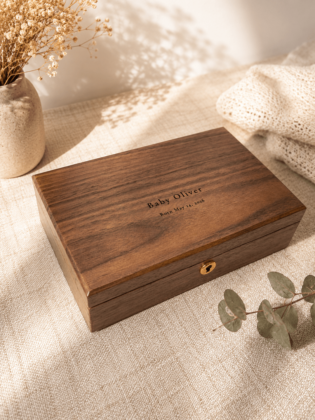 Personalized baby keepsake box made from walnut wood