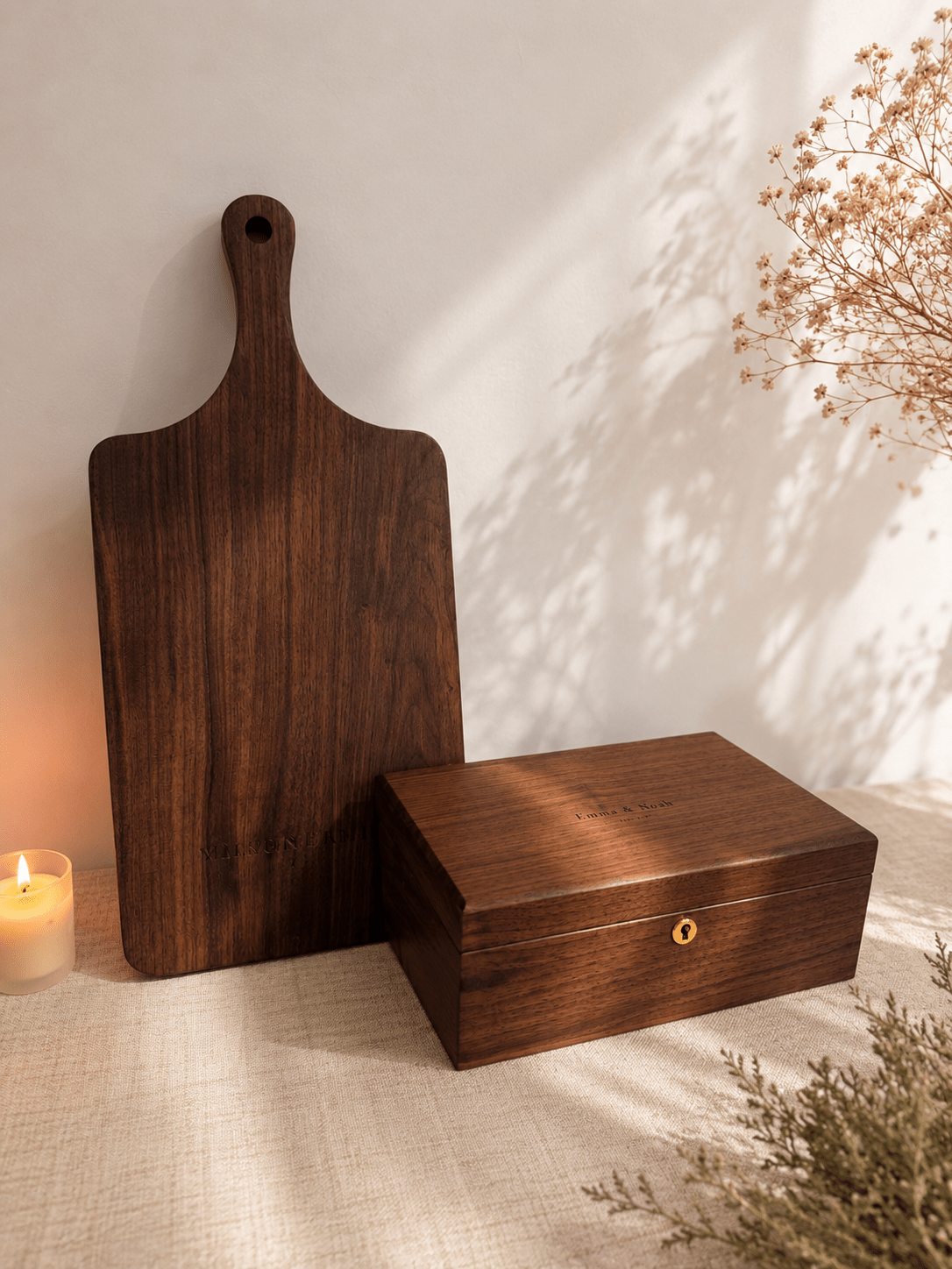 Personalized wedding gift set with walnut cutting board and box