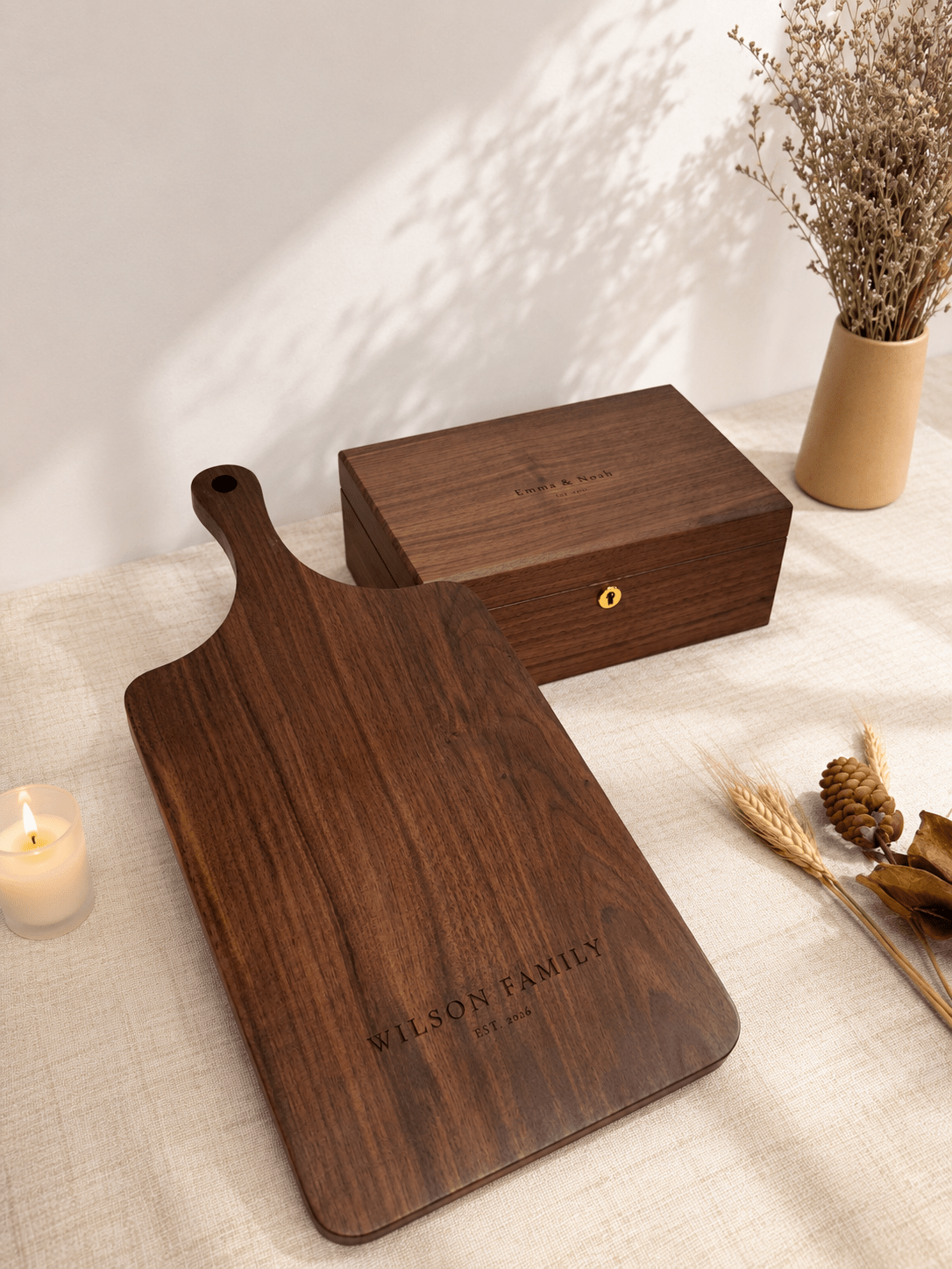 Walnut wedding gift set with engraved cutting board and keepsake box