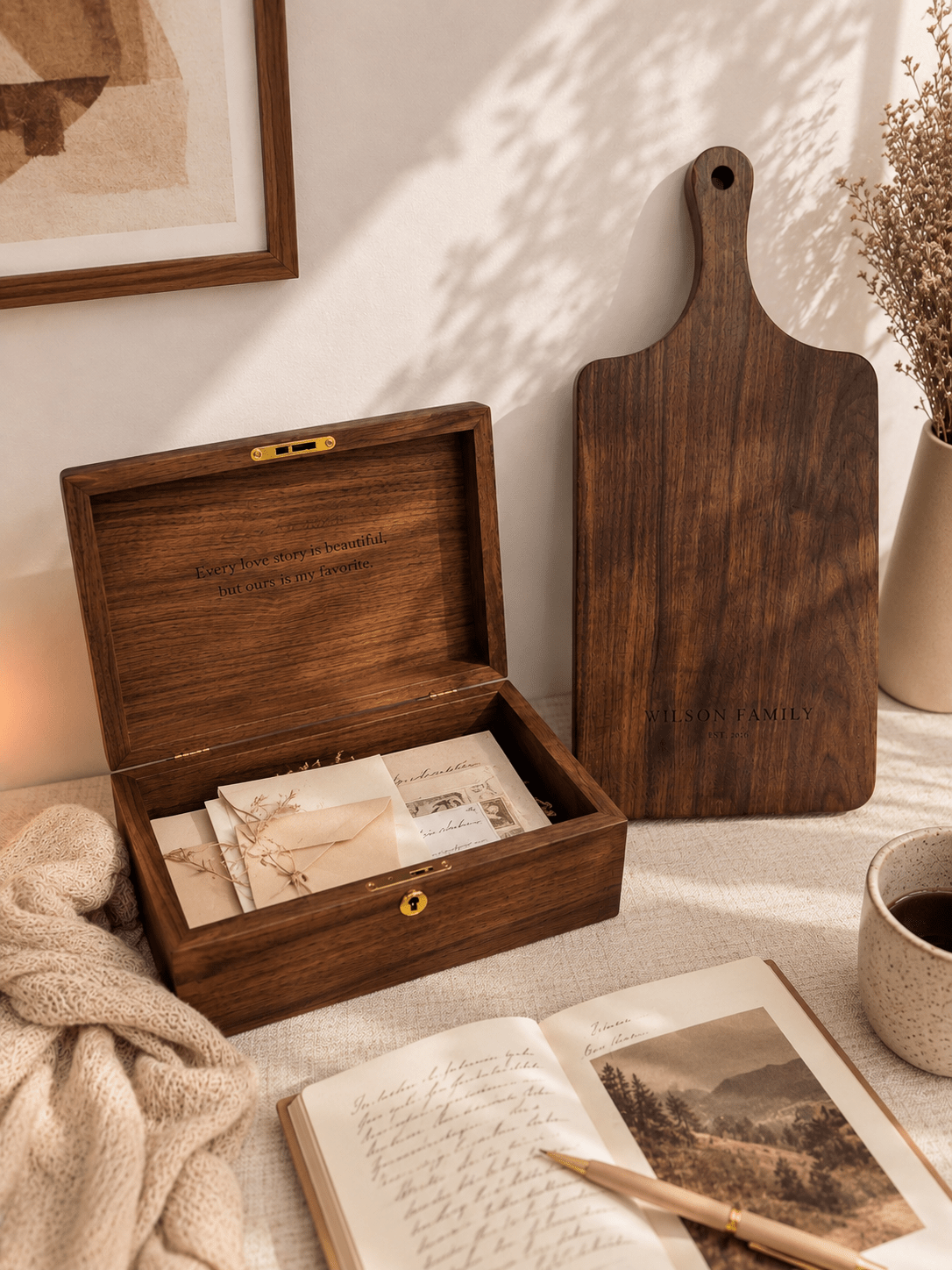Personalized wedding board and memory box engraved with names and date