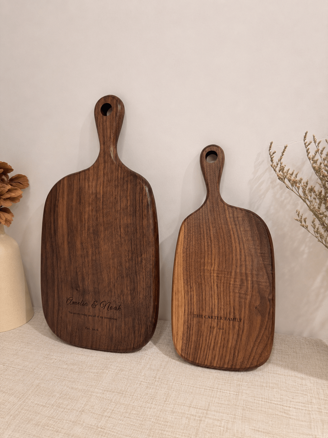 Personalized housewarming gift set with walnut cutting boards