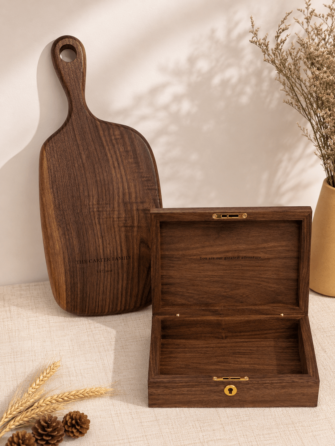 Personalized baby gift set with walnut board and keepsake box