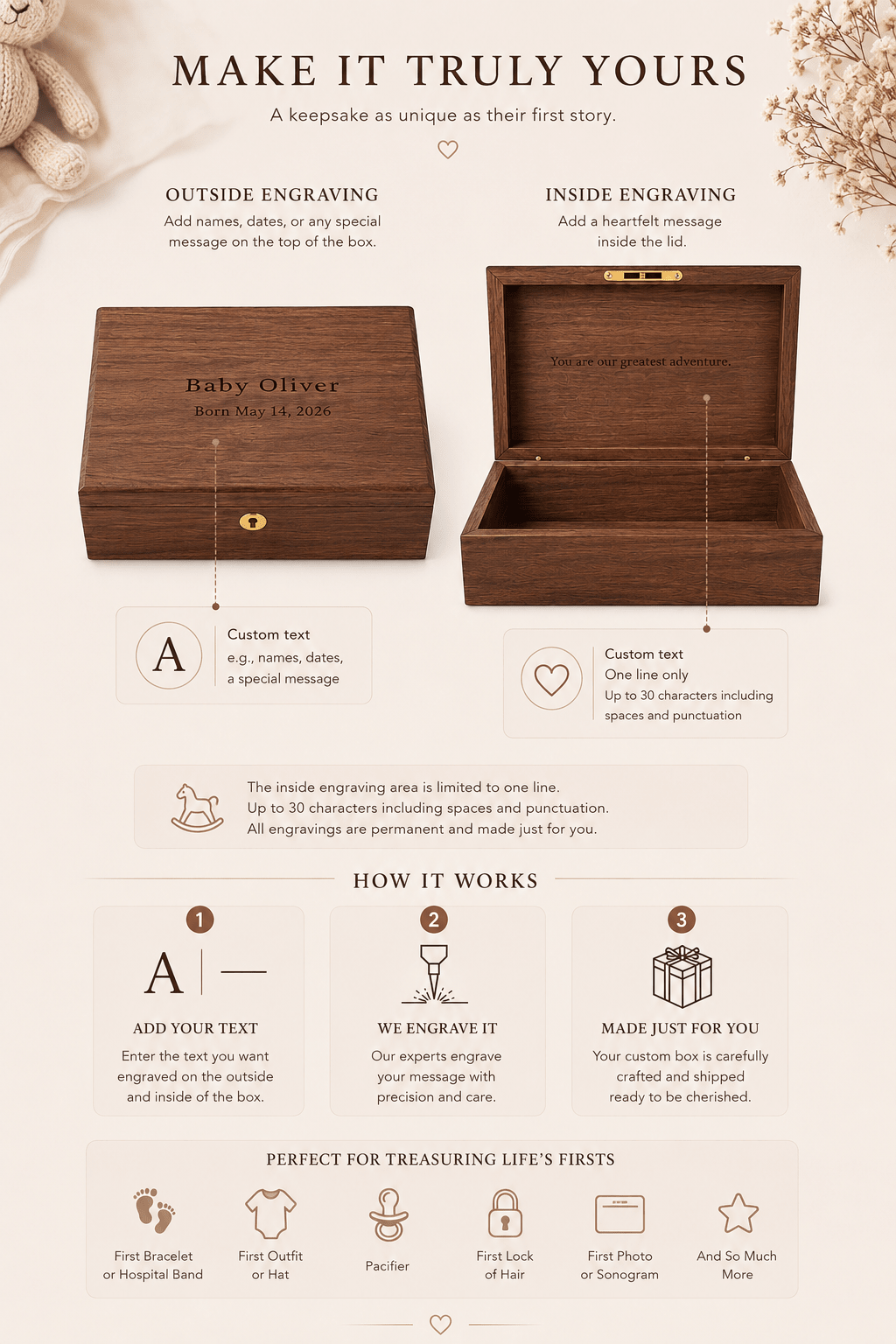 Personalized Walnut Baby Keepsake Box — Custom Engraved New Baby & Baby Shower Gift - TwoWoodCo