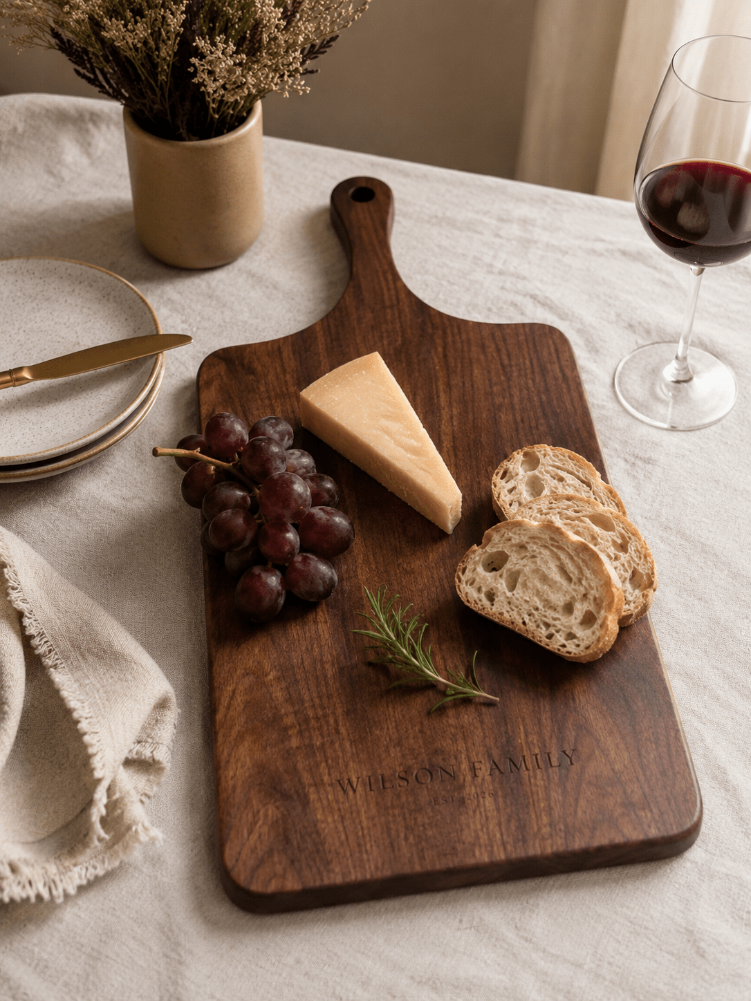 Personalized Walnut Cutting Board with Handle — Custom Engraved Wedding Gift, Housewarming, Family Name Board - TwoWoodCo