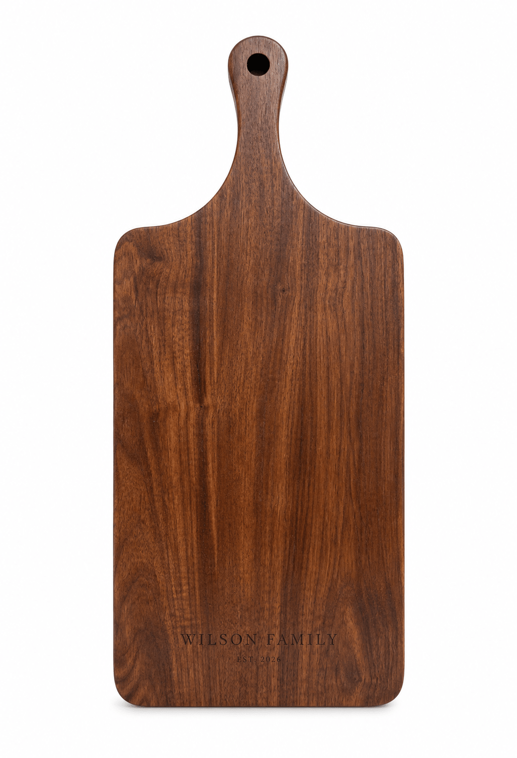 Personalized Walnut Cutting Board with Handle — Custom Engraved Wedding Gift, Housewarming, Family Name Board - TwoWoodCo