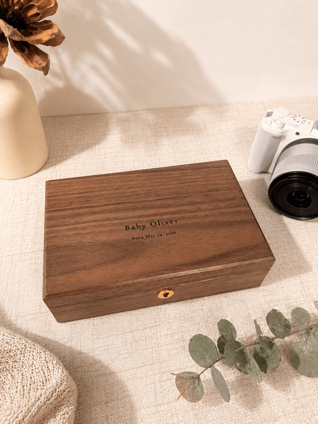 Small walnut baby keepsake box engraved with name and birth date