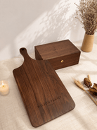 Walnut wedding gift set with engraved cutting board and keepsake box