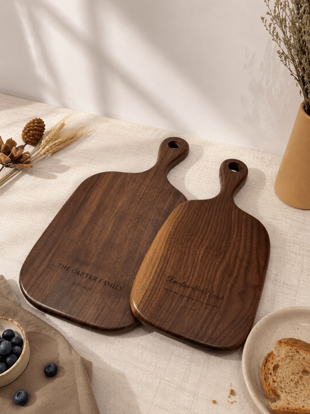 Personalized housewarming gift set with custom walnut cutting boards