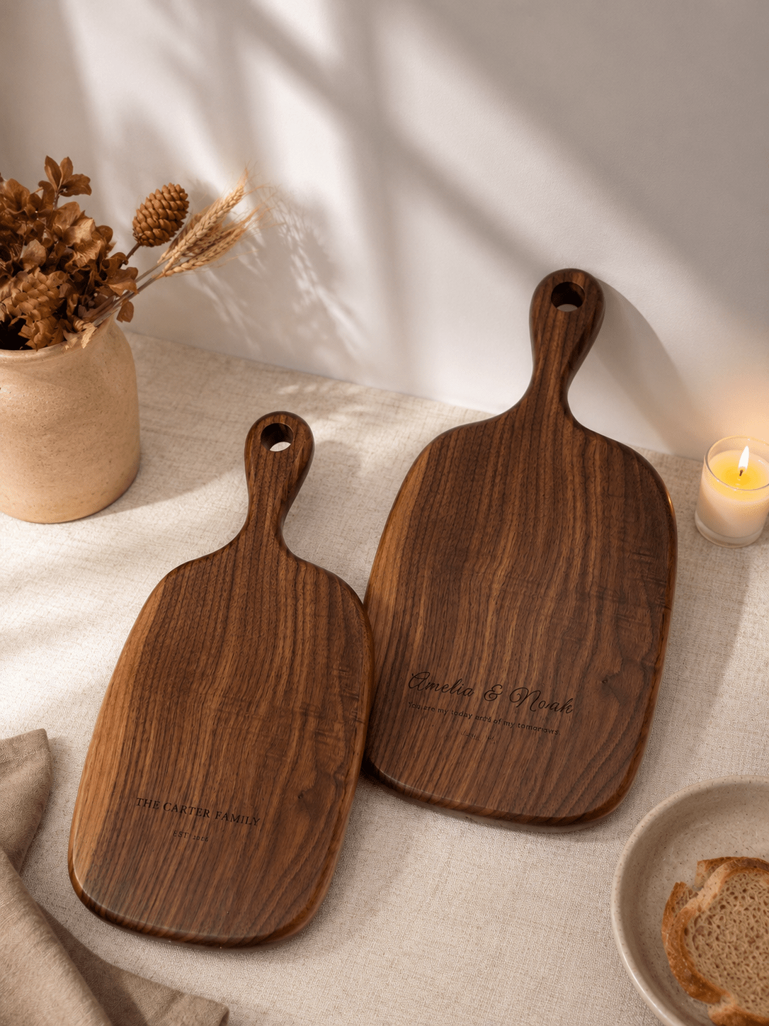 Walnut cutting board set engraved for new home and family kitchen