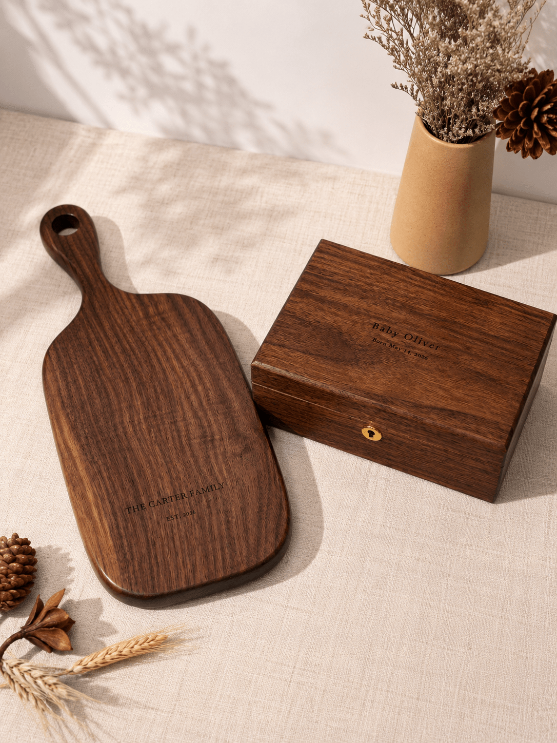Personalized baby arrival gift set with walnut board and keepsake box