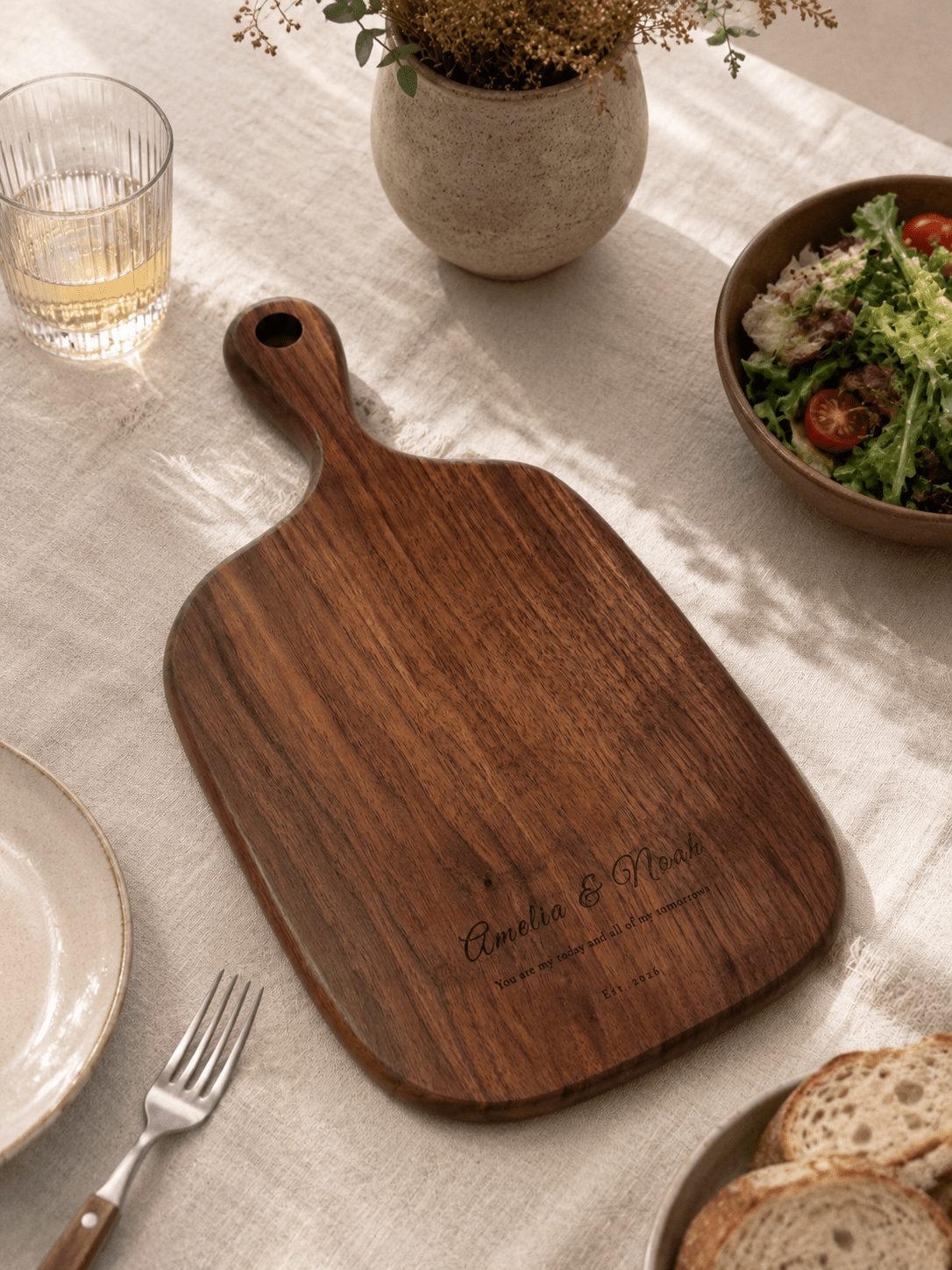 Custom engraved walnut board for anniversary and wedding gifts