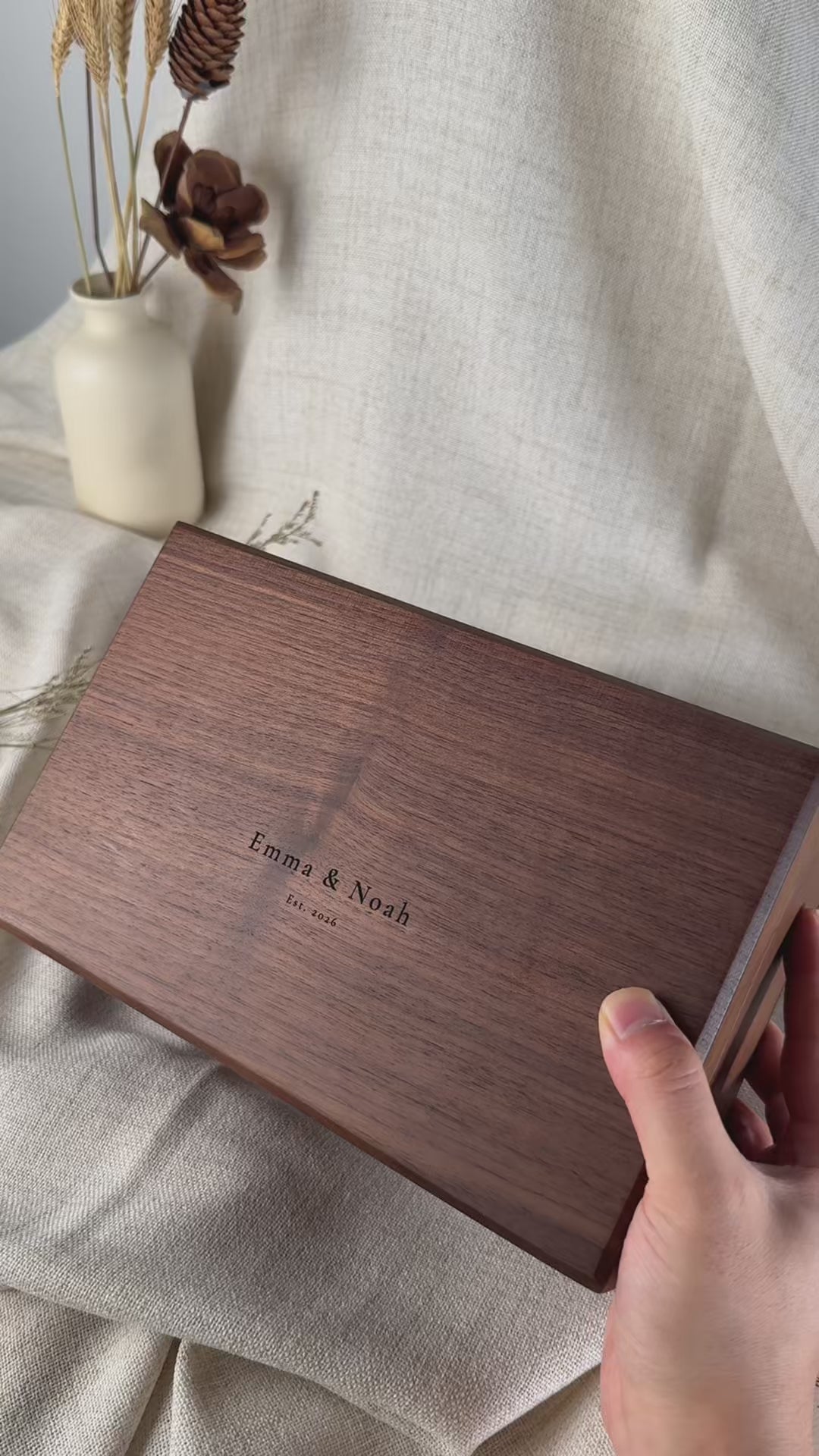 Personalized solid walnut wood keepsake box with couple's names for a wedding or anniversary gift